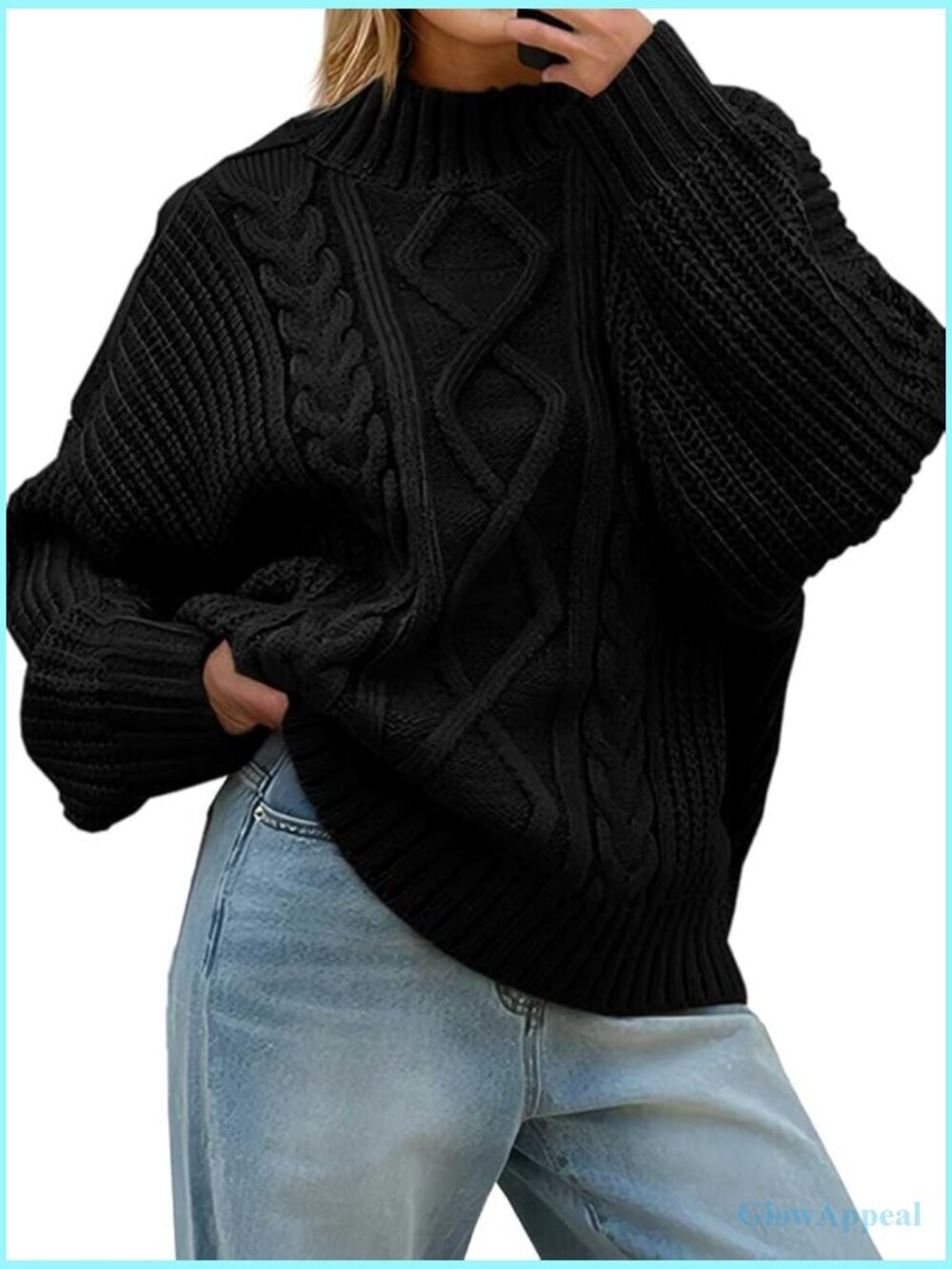 Oversized Cable Knit Turtleneck Pullover Sweater Chunky Button Up